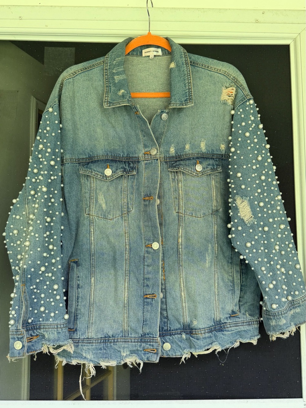 Pearl-Embellished Distressed Blue Denim Jacket for Women
